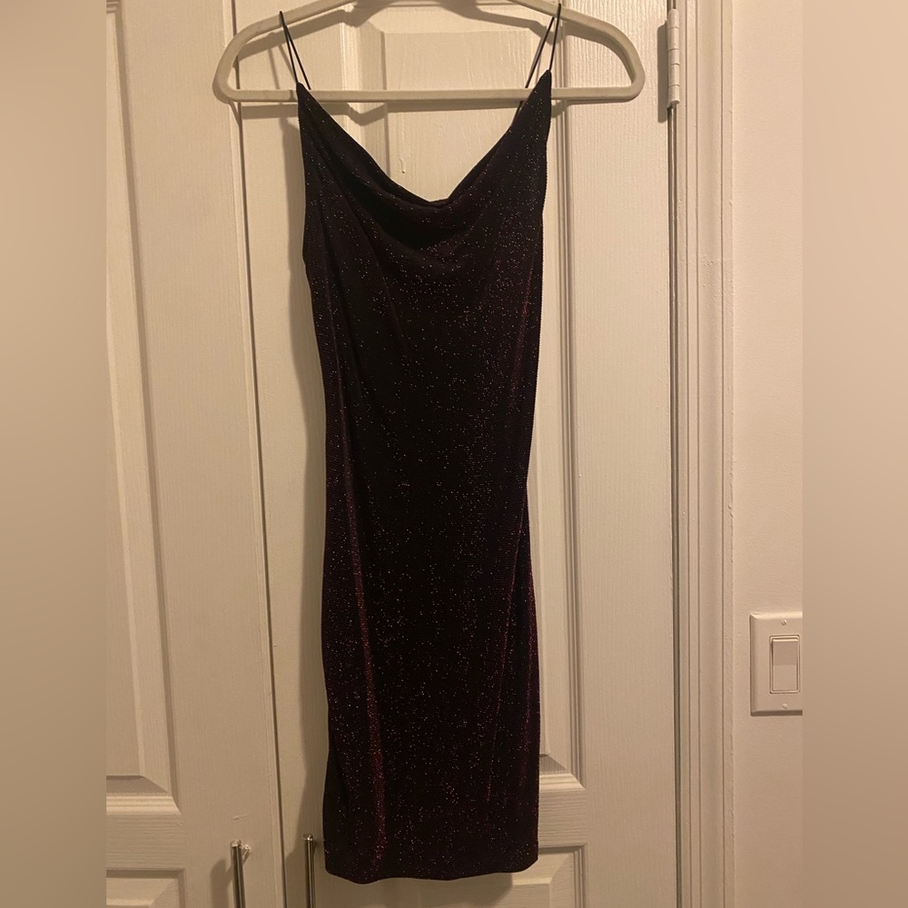 H&M black mini fitted dress with draped neck and pink sparkle
